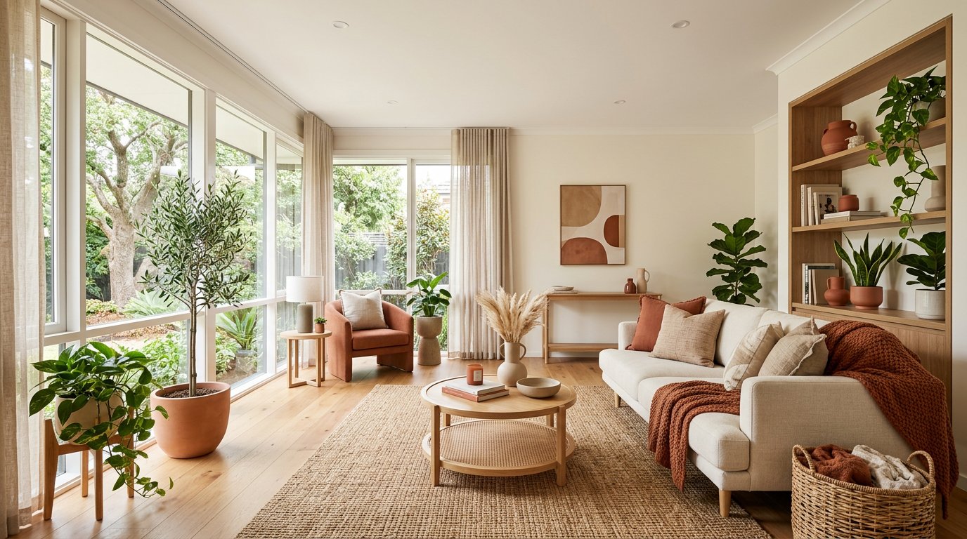 Warm, softly lit living room styled by Smart Nest Detail
